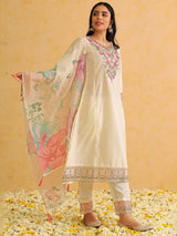 Off White Silk Blend Solid Embroidered Straight Kurti Pant With Dupatta