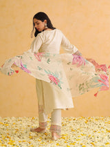 Off White Silk Blend Solid Embroidered Straight Kurta Trouser With Dupatta