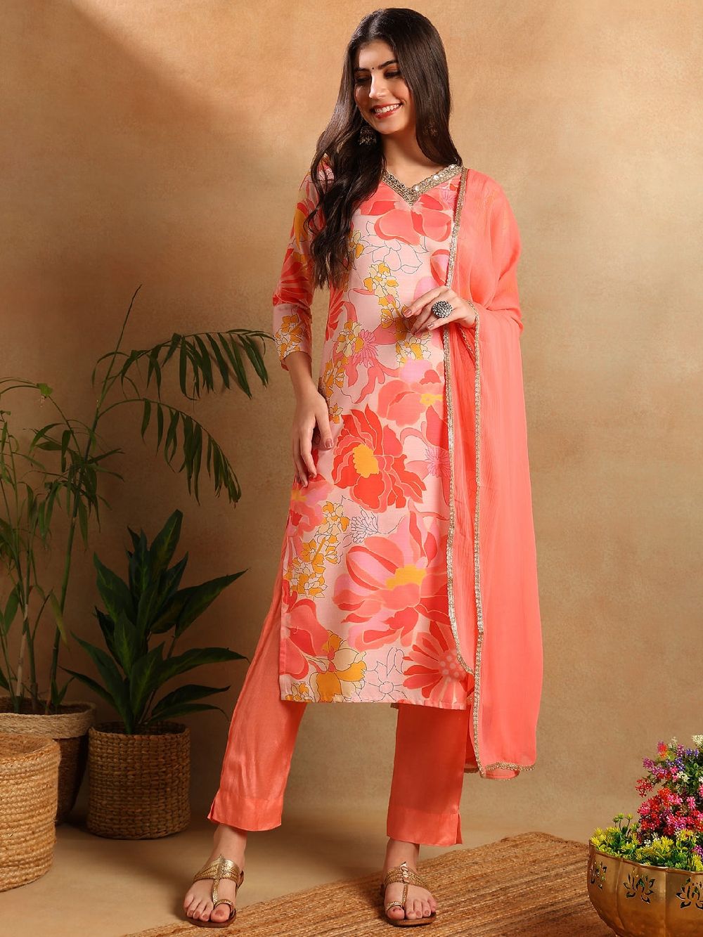 Peach Rayon Blend Floral Printed Straight Kurta Trousers With Dupatta