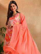 Peach Rayon Blend Floral Printed Straight Kurta Trousers With Dupatta