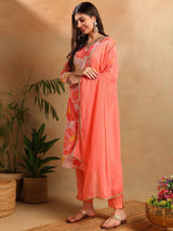 Peach Rayon Blend Floral Printed Straight Kurta Trousers With Dupatta