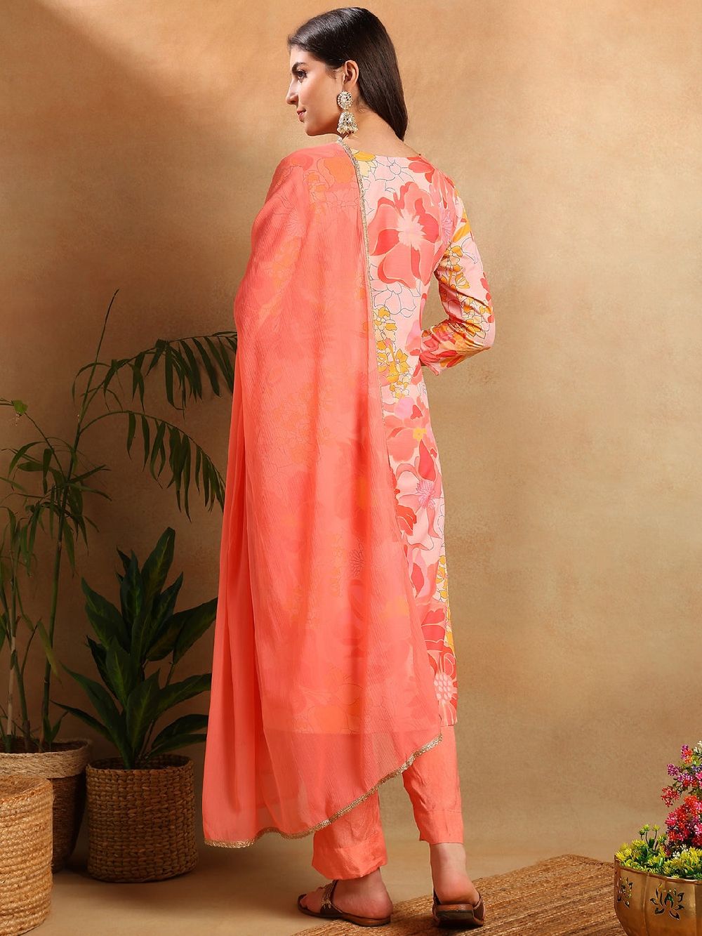 Peach Rayon Blend Floral Printed Straight Kurta Trousers With Dupatta