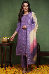 Purple Silk Blend Solid Embroidered Straight Suit Set