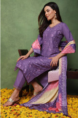 Purple Silk Blend Solid Embroidered Straight Suit Set