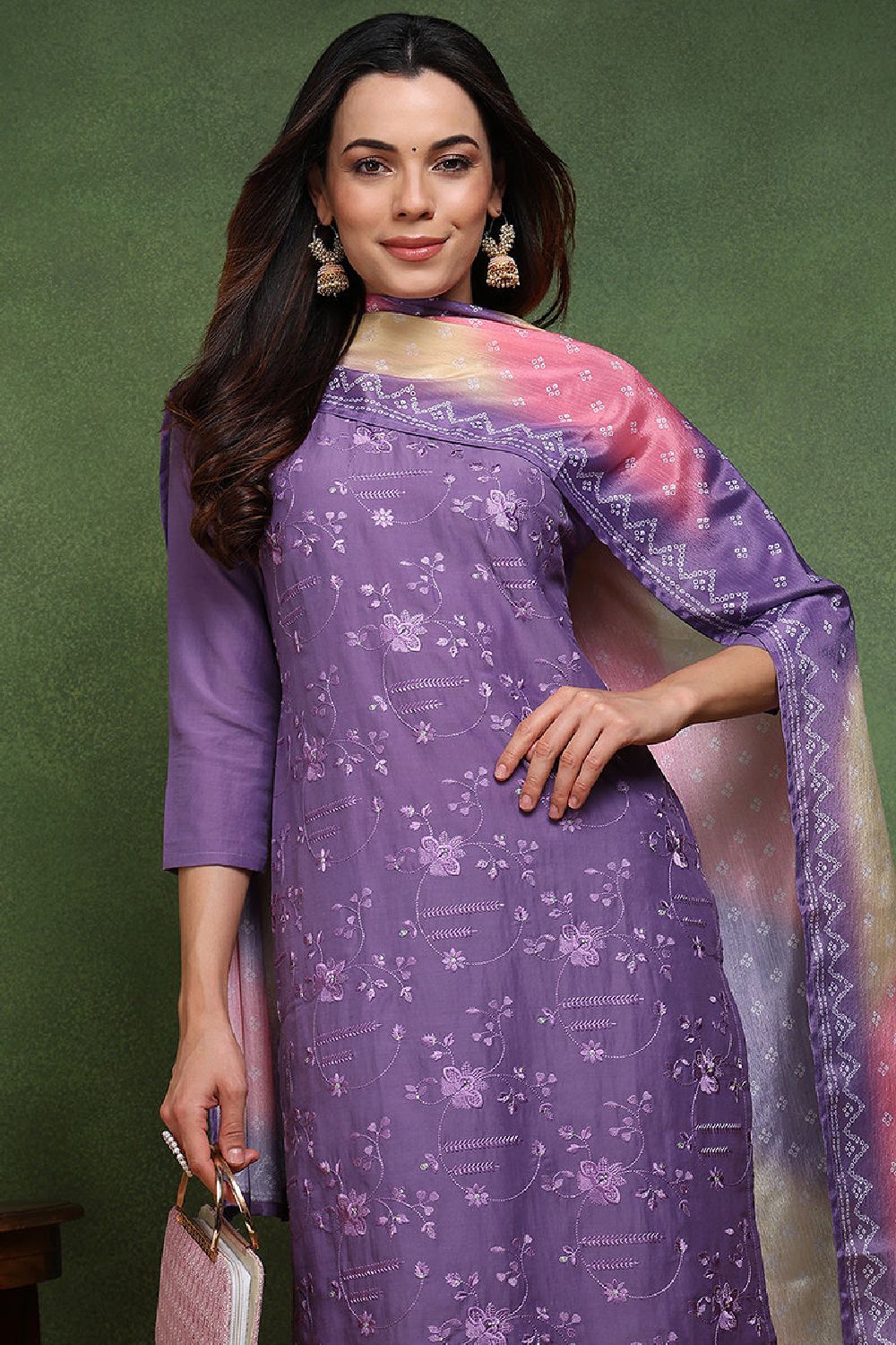 Purple Silk Blend Solid Embroidered Straight Suit Set