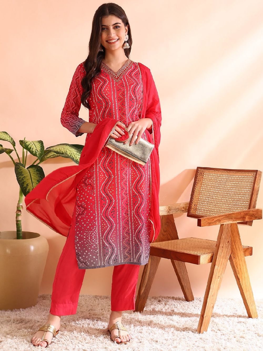 Red Silk Blend Bandhani Printed Straight Kurti Pants With Dupatta