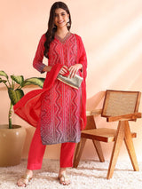 Red Silk Blend Bandhani Printed Straight Kurta Trousers With Dupatta