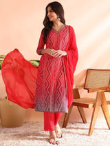 Red Silk Blend Bandhani Printed Straight Kurti Pants With Dupatta