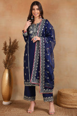 Navy Blue Silk Blend Solid Yoke Design Straight Palazzo Suit Set