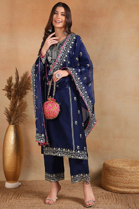 Navy Blue Silk Blend Solid Yoke Design Straight Palazzo Suit Set