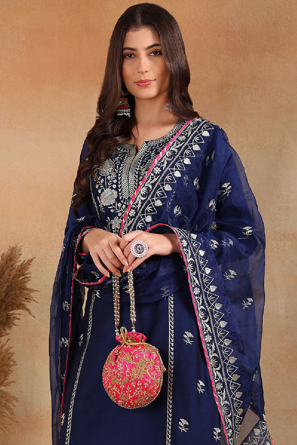 Navy Blue Silk Blend Solid Yoke Design Straight Palazzo Suit Set