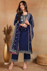 Navy Blue Silk Blend Solid Yoke Design Straight Palazzo Suit Set