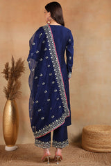 Navy Blue Silk Blend Solid Yoke Design Straight Palazzo Suit Set