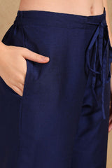 Navy Blue Silk Blend Solid Yoke Design Straight Palazzo Suit Set