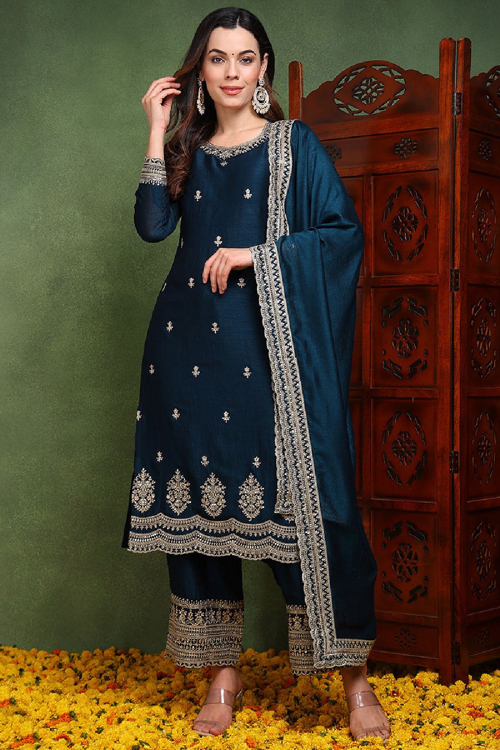 Dark Blue Silk Blend Solid Embroidered Straight Suit Set