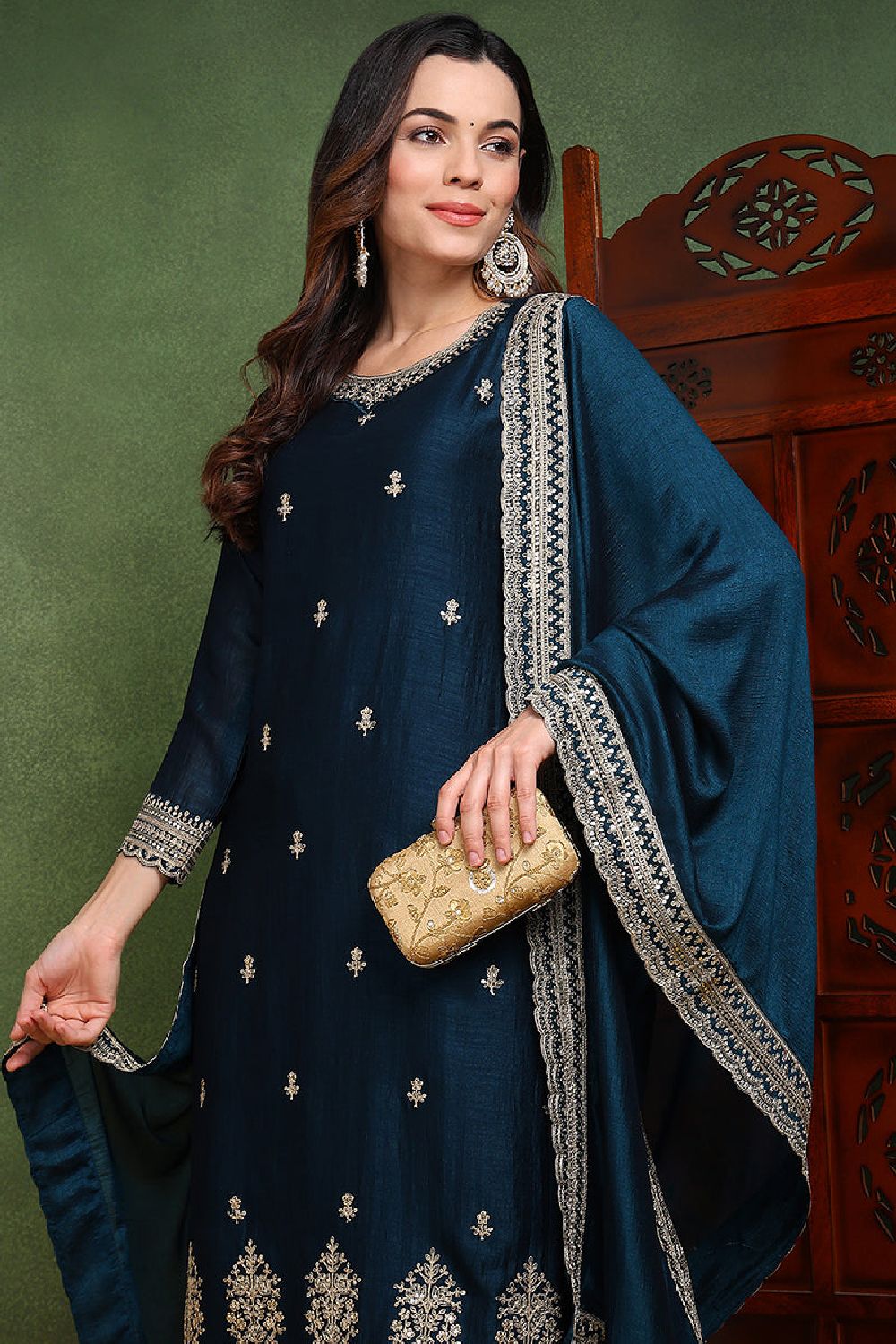 Dark Blue Silk Blend Solid Embroidered Straight Suit Set