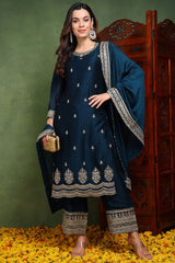 Dark Blue Silk Blend Solid Embroidered Straight Suit Set