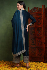 Dark Blue Silk Blend Solid Embroidered Straight Suit Set