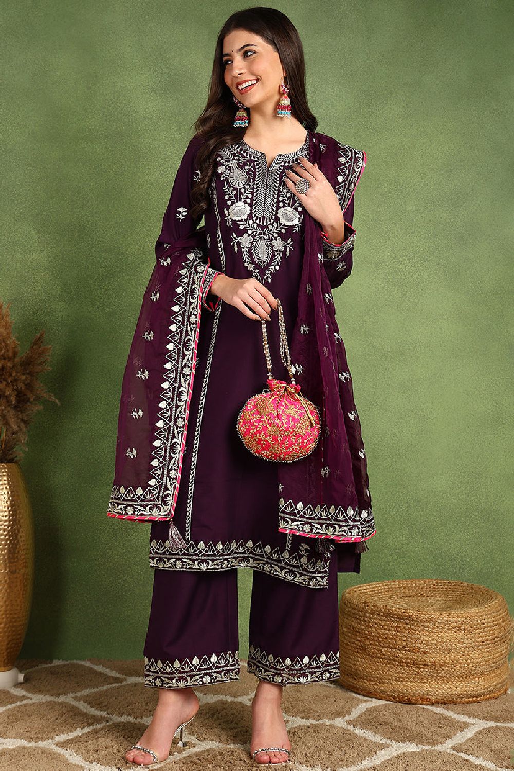 Purple Silk Blend Yoke Design Zari Straight Palazzo Suit Set