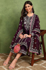 Purple Silk Blend Yoke Design Zari Straight Palazzo Suit Set