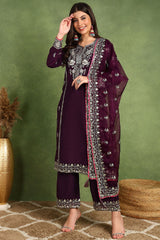 Purple Silk Blend Yoke Design Zari Straight Palazzo Suit Set