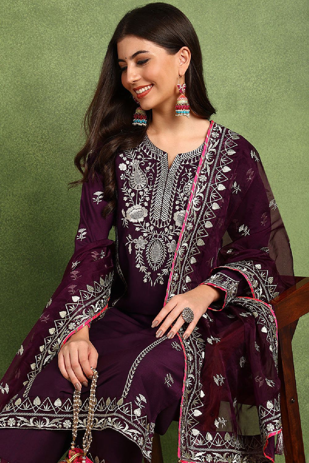 Purple Silk Blend Yoke Design Zari Straight Palazzo Suit Set