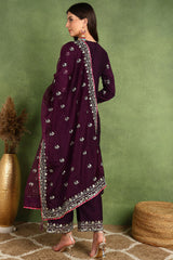 Purple Silk Blend Yoke Design Zari Straight Palazzo Suit Set