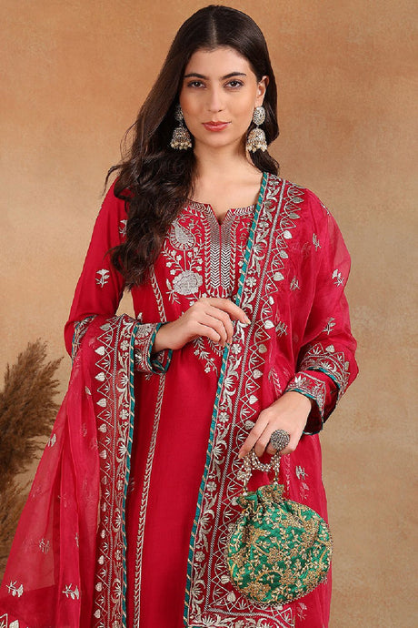 Red Silk Blend Solid Yoke Design Straight Palazzo Suit Set