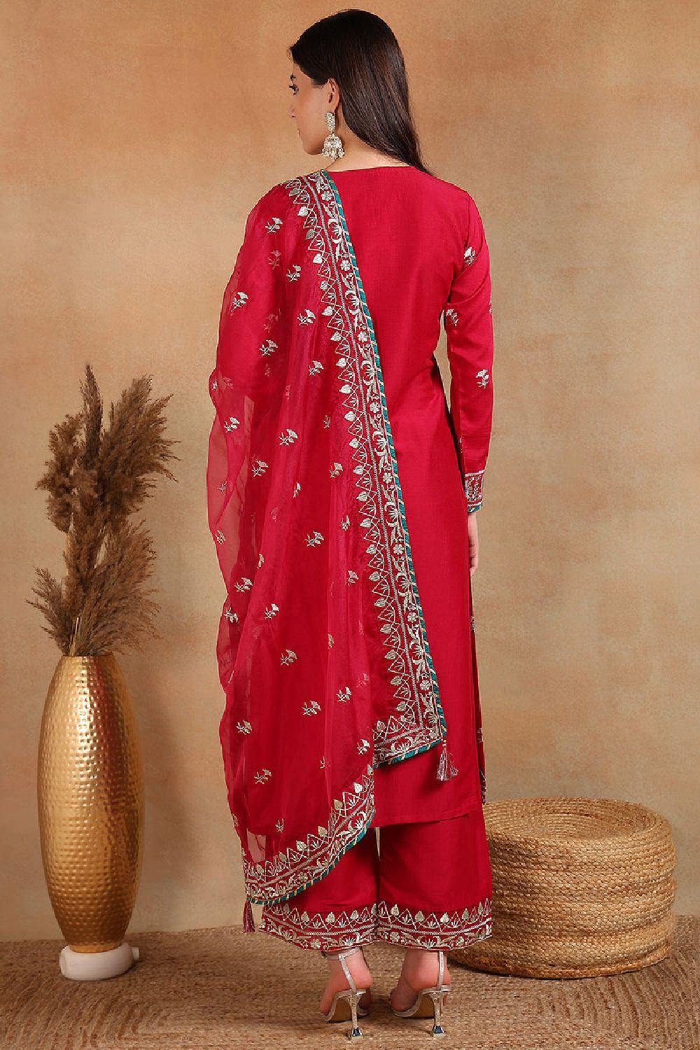 Red Silk Blend Solid Yoke Design Straight Palazzo Suit Set