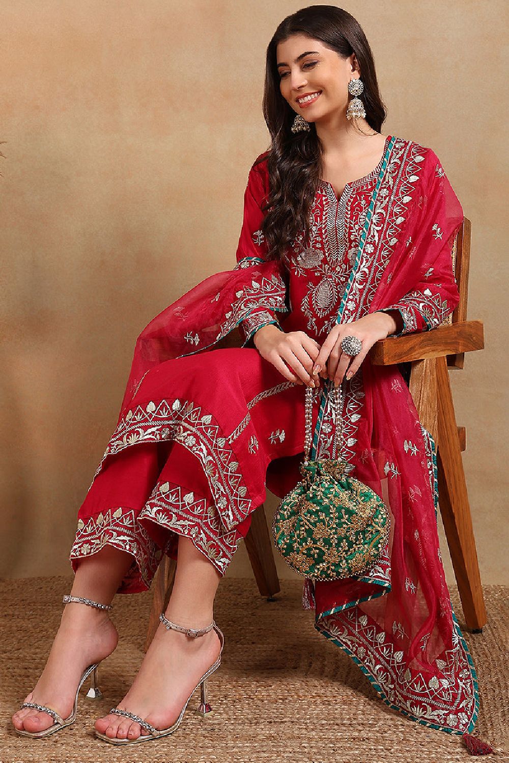 Red Silk Blend Solid Yoke Design Straight Palazzo Suit Set