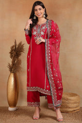 Red Silk Blend Solid Yoke Design Straight Palazzo Suit Set