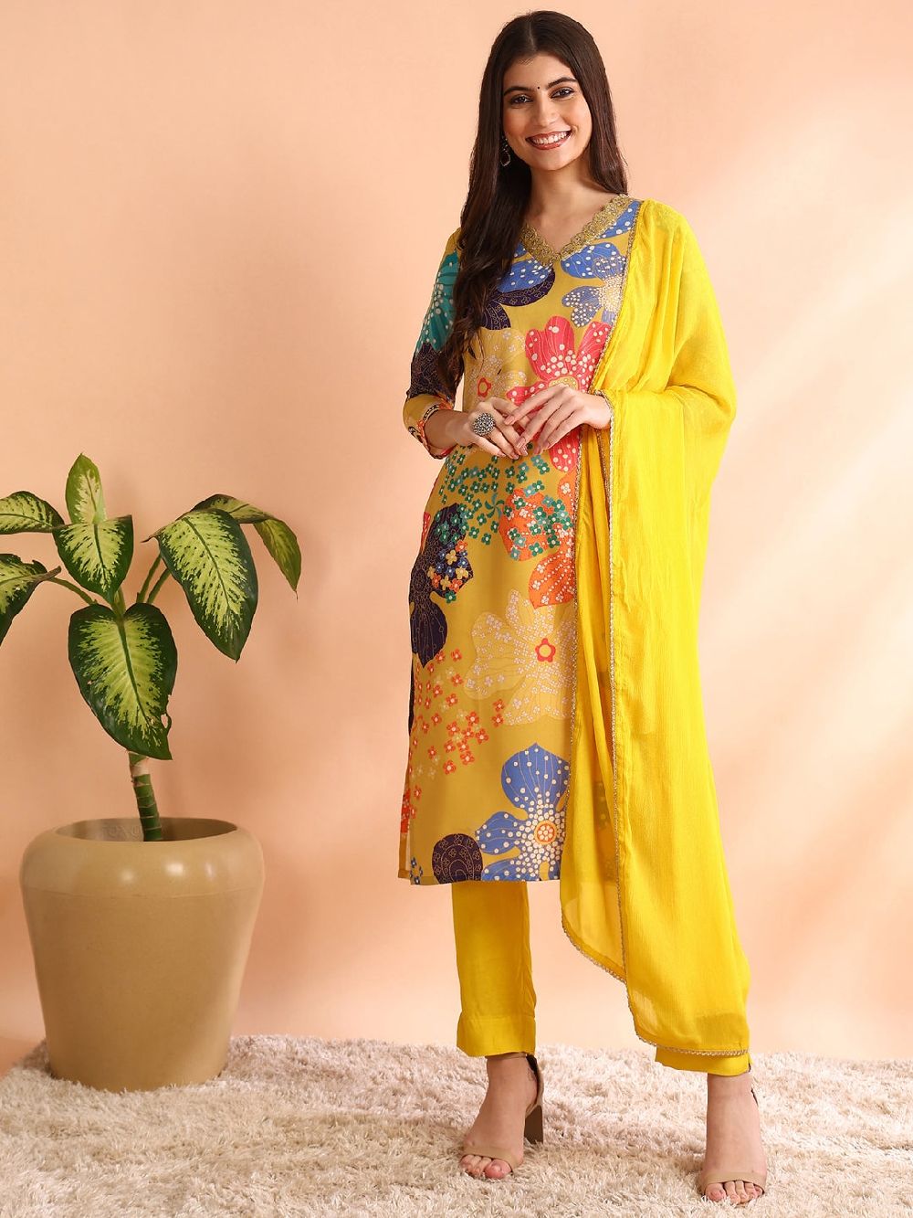 Yellow Cotton Blend Floral Printed Straight Kurti Pant With Dupatta