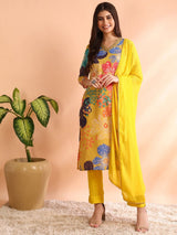 Yellow Cotton Blend Floral Printed Straight Kurta Trouser With Dupatta