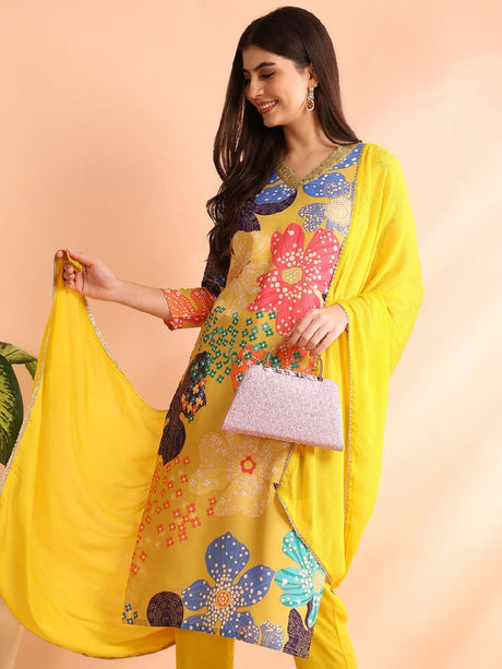 Yellow Cotton Blend Floral Printed Straight Kurta Trouser With Dupatta