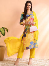 Yellow Cotton Blend Floral Printed Straight Kurta Trouser With Dupatta