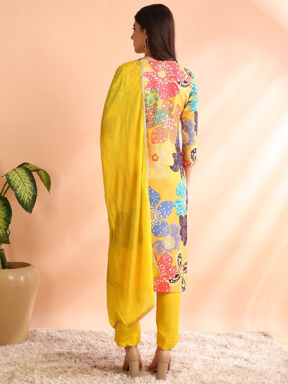 Yellow Cotton Blend Floral Printed Straight Kurta Trouser With Dupatta