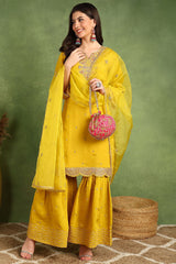 Yellow Silk Blend Embroidered Zari Straight Sharara Suit Set