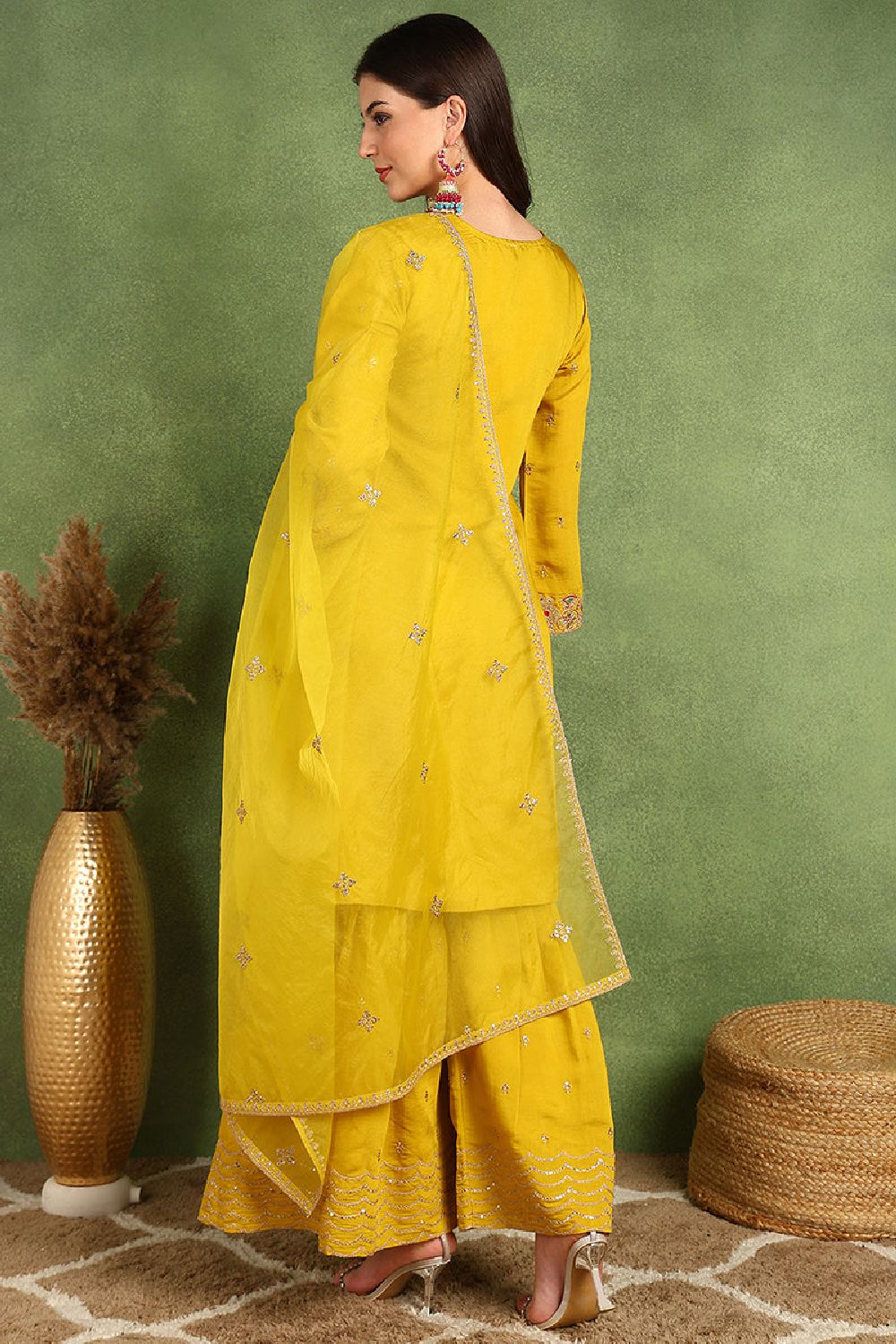 Yellow Silk Blend Embroidered Zari Straight Sharara Suit Set