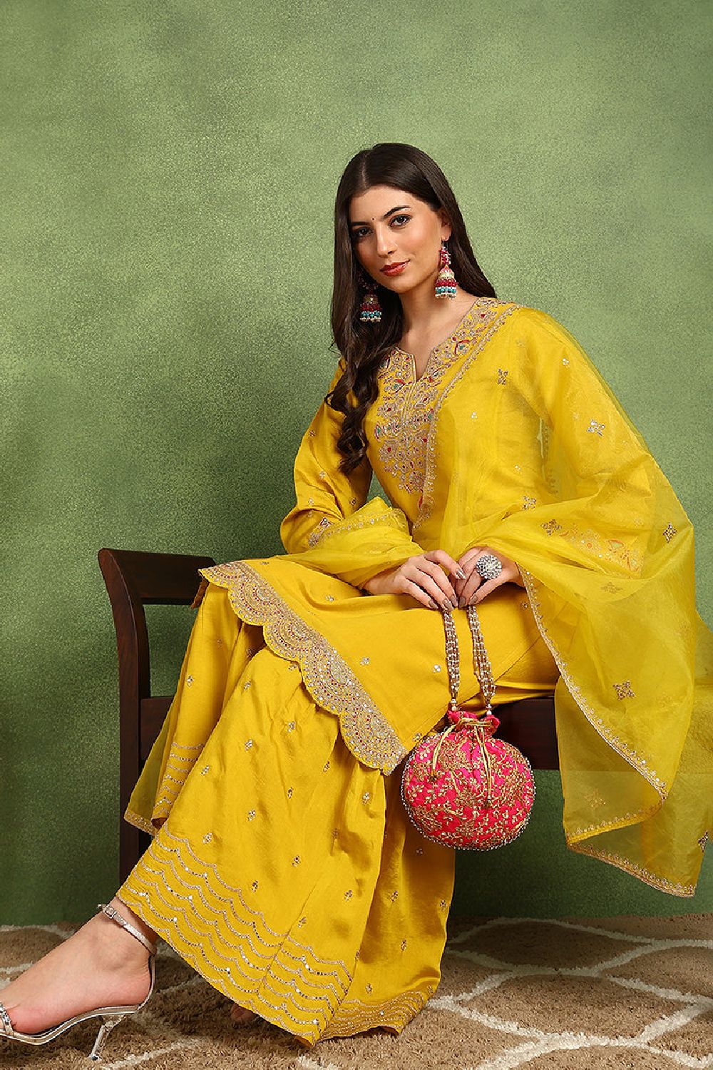 Yellow Silk Blend Embroidered Zari Straight Sharara Suit Set