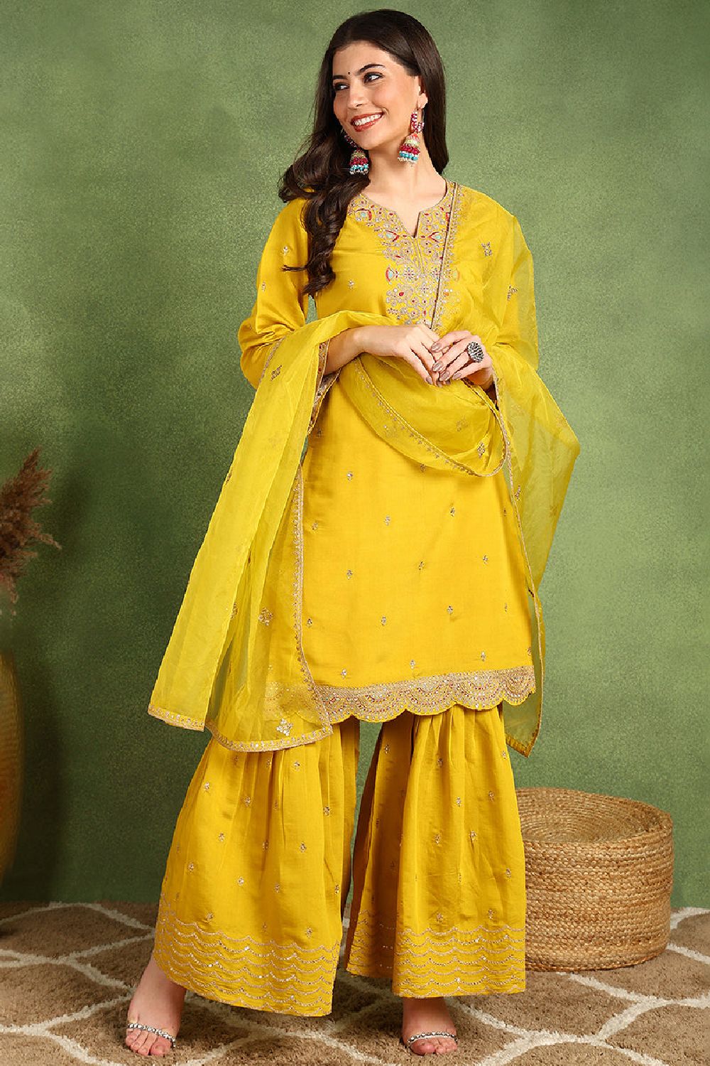 Yellow Silk Blend Embroidered Zari Straight Sharara Suit Set