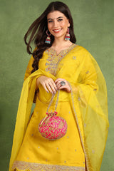 Yellow Silk Blend Embroidered Zari Straight Sharara Suit Set