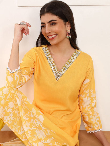 Yellow Cotton Blend Floral Printed Straight Kurta Trouser With Dupatta