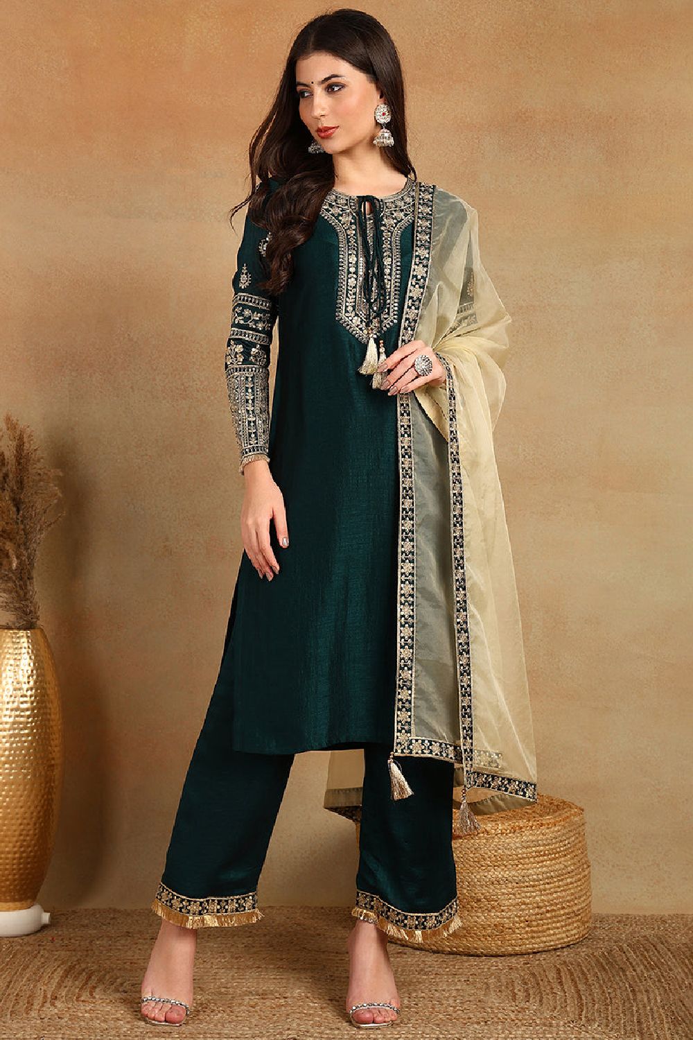 Green Silk Blend Embroidered Zari Straight Palazzo Suit Set