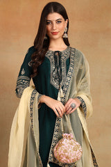 Green Silk Blend Embroidered Zari Straight Palazzo Suit Set