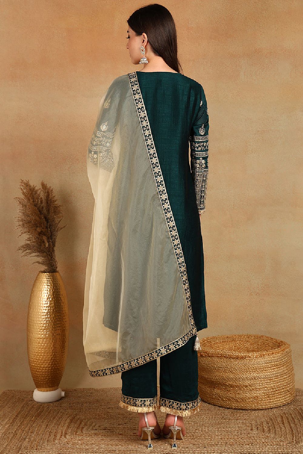 Green Silk Blend Embroidered Zari Straight Palazzo Suit Set