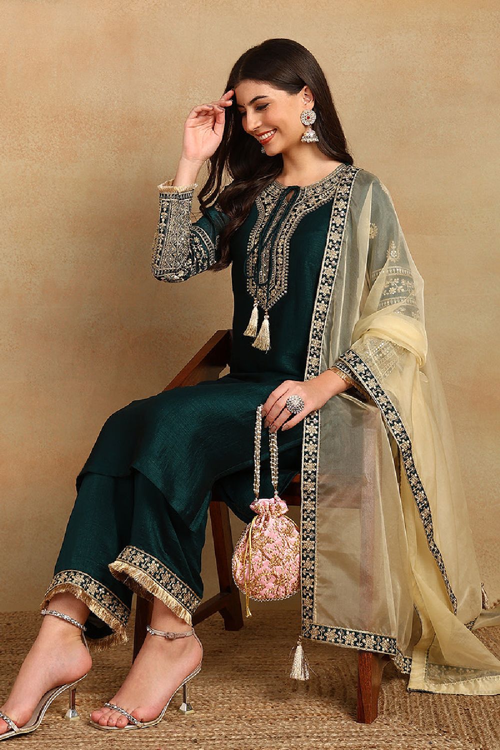 Green Silk Blend Embroidered Zari Straight Palazzo Suit Set