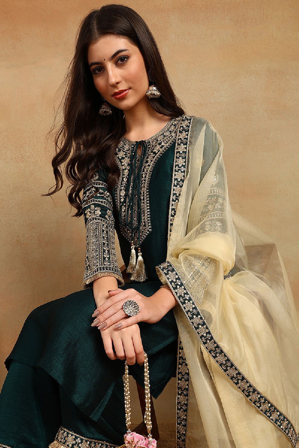 Green Silk Blend Embroidered Zari Straight Palazzo Suit Set