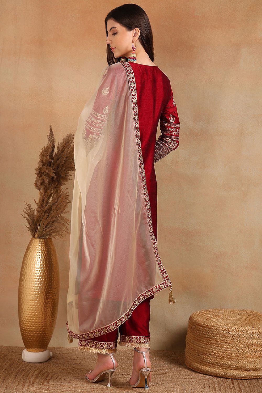 Maroon Silk Blend Solid Embroidered Straight Palazzo Suit Set