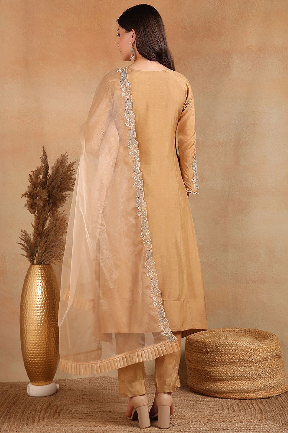 Beige Silk Blend Solid Yoke Design A Line Trouser Suit Set