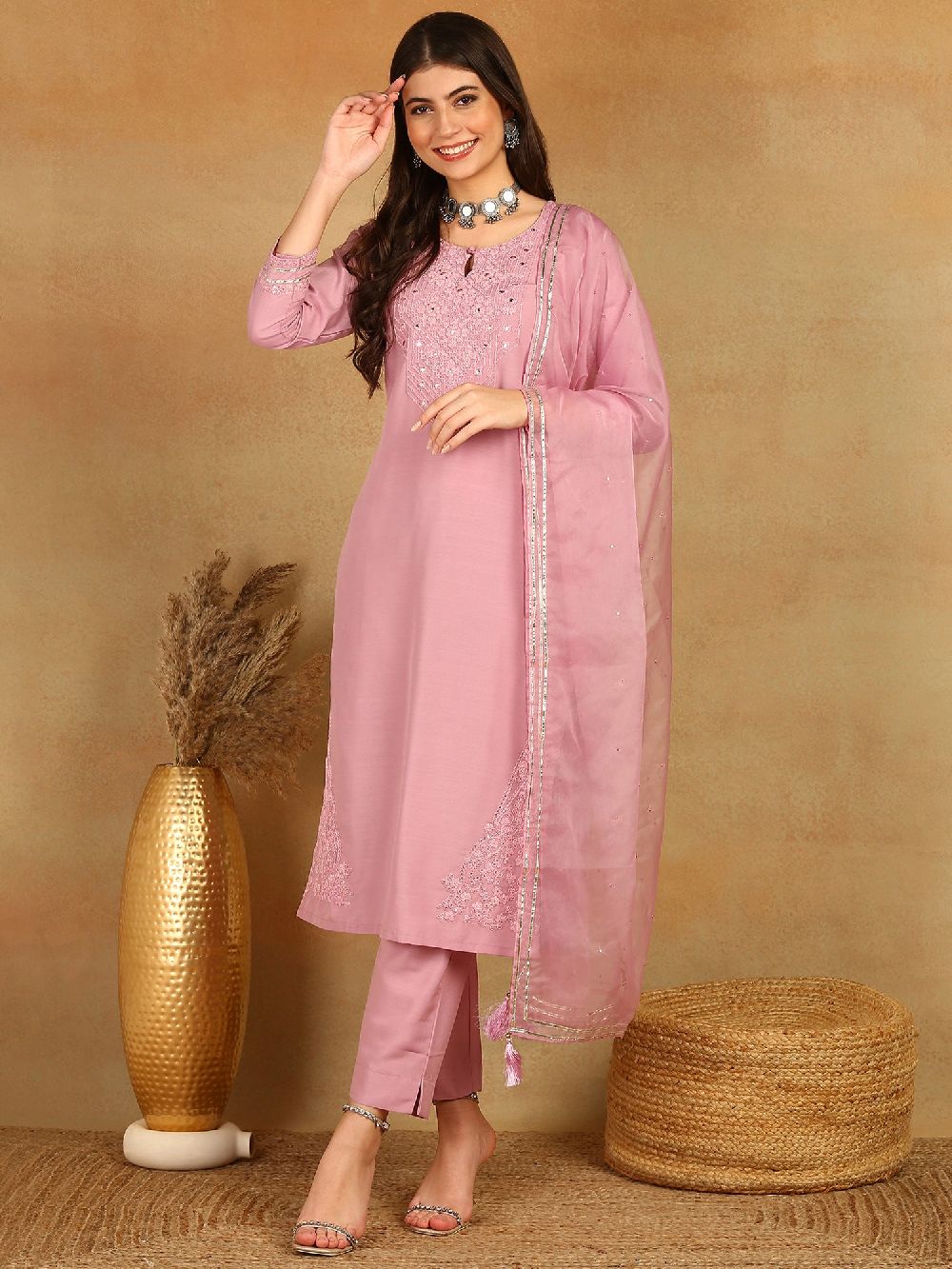 Pink Silk Blend Solid Yoke Design Straight Kurta Trouser With Dupatta